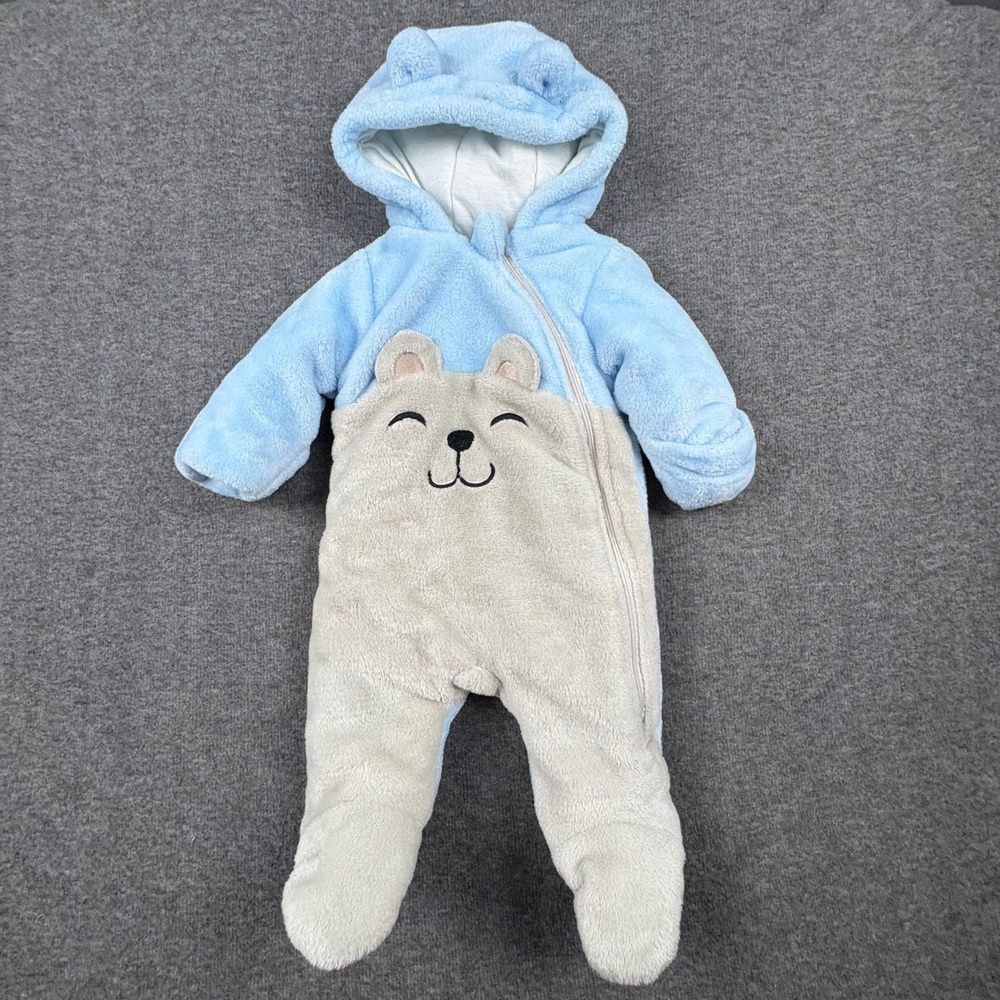 Wonder Nation‎ Baby Bear Hooded Pram Suit 0-3M Blue Gray Fleece Bunting Babycore